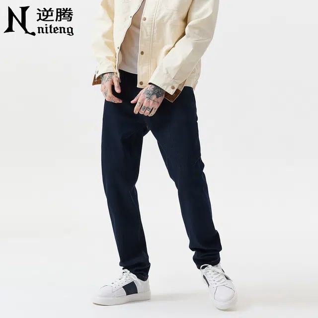 逆腾 秋季原色长裤子男四面弹修身小直筒男士百搭商务通勤小脚牛仔裤 男女同款
