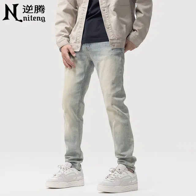 逆腾 潮牌复古修身直筒小脚牛仔裤 男款