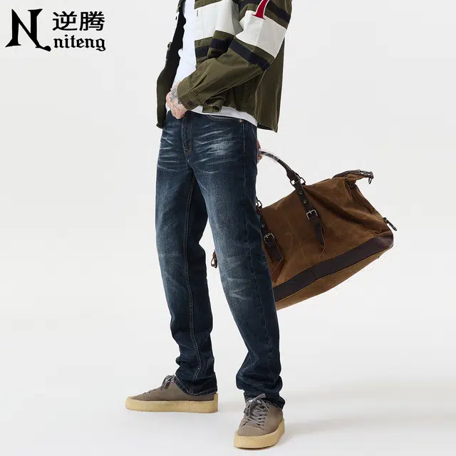 逆腾 逆腾水洗裤子男潮牌美式修身直筒裤男士潮流猫须高街百搭复古小脚牛仔裤 男款