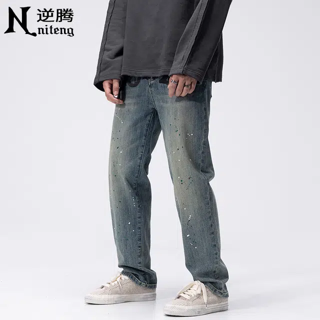 逆腾 潮牌印花直筒舒适时尚长裤牛仔裤 男款 复古蓝