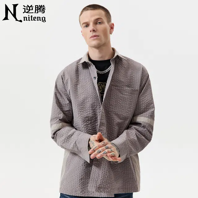 逆腾 秋季立体格纹拼接衬衣外套男宽松男士抗皱百搭休闲长袖衬衫 男女同款