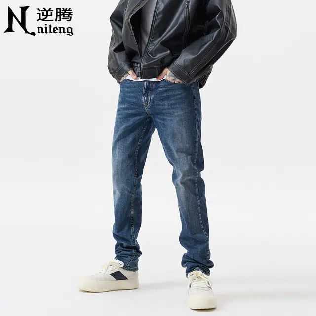 逆腾 逆腾裤男美式高街直筒裤子男士百搭水洗复古修身小脚牛仔裤 男款