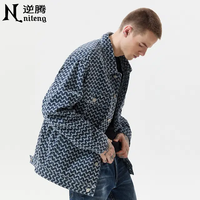 逆腾 秋季纯棉提花工装夹克男潮流高级感宽松男士轻奢翻领牛仔外套 男女同款