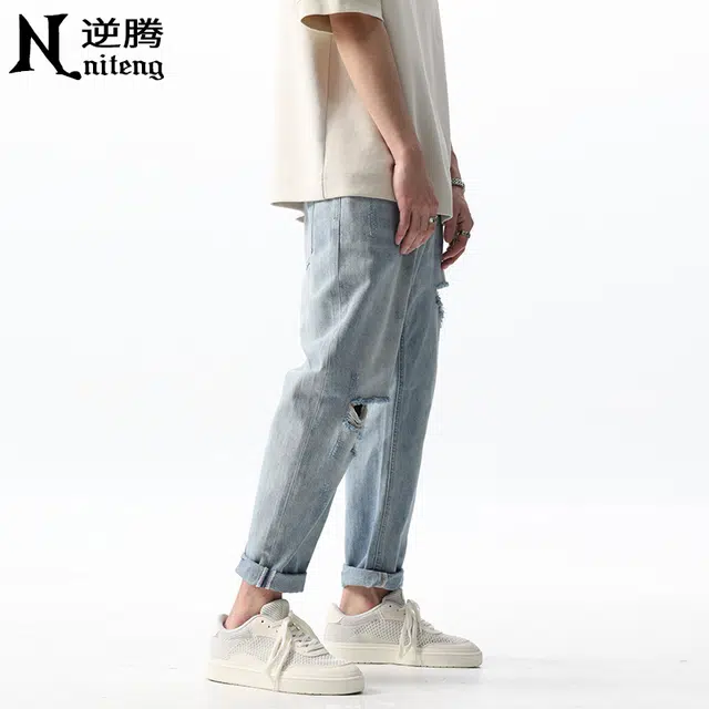 逆腾 潮牌破洞直筒纯色牛仔裤 男款 浅蓝色