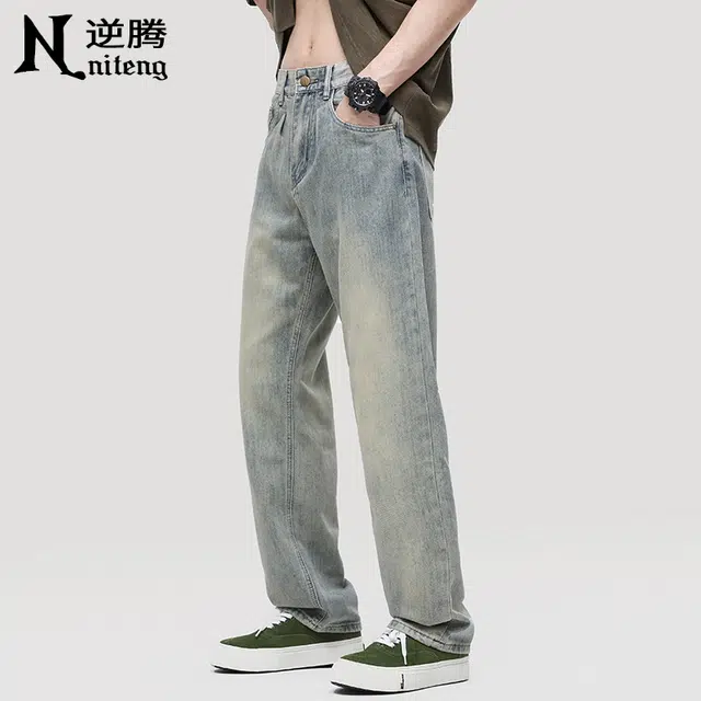 逆腾 潮牌直筒垂感阔腿牛仔裤 男款 复古蓝
