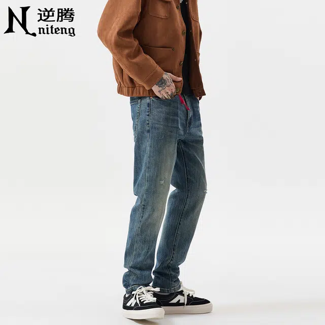 逆腾 秋季破洞长裤男美式复古修身裤子男士水洗直筒弹力小脚牛仔裤 男款