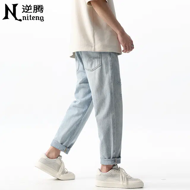 逆腾 潮牌破洞复古宽松直筒九分微锥裤牛仔裤 男女同款 蓝色