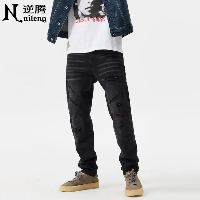 逆腾 秋季破洞补丁裤子男美式修身男士痞帅水洗直筒小脚牛仔裤 男款