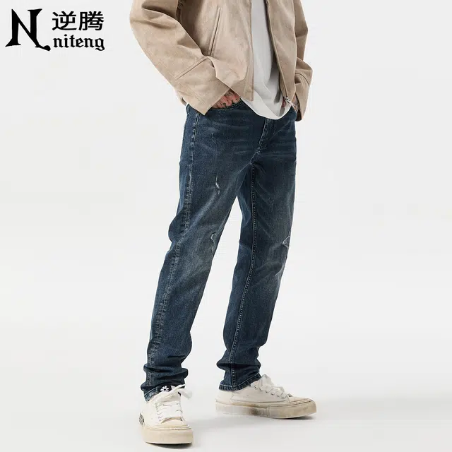 逆腾 秋季小破洞长裤男潮牌莱卡修身小直筒男士复古水洗小脚牛仔裤 男款