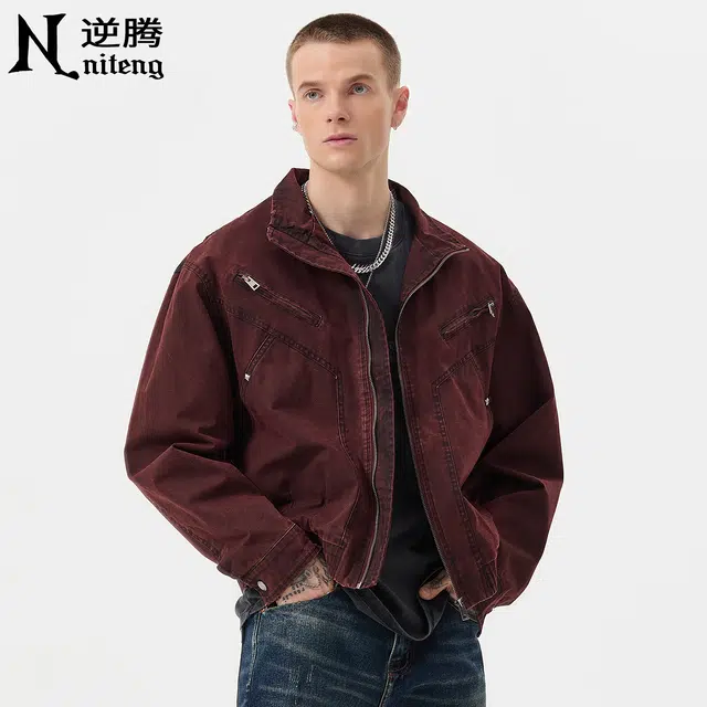 逆腾 秋季美式复古夹克男潮牌宽松水洗男士重磅短款工装牛仔外套 男款