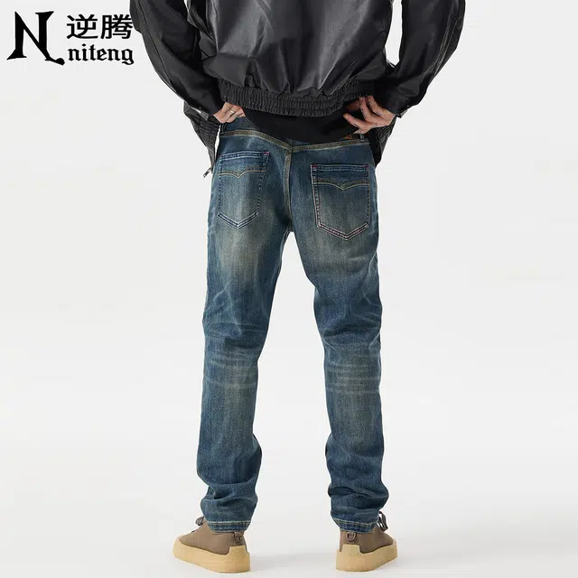 逆腾 秋季复古长裤男潮牌美式修身弹力裤子男士基础款直筒小脚牛仔裤 男款