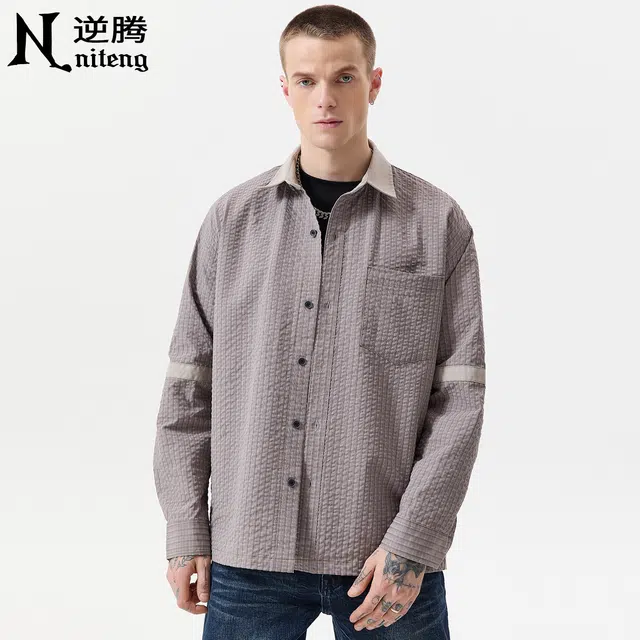 逆腾 秋季立体格纹拼接衬衣外套男宽松男士抗皱百搭休闲长袖衬衫 男女同款