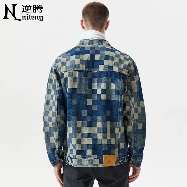 逆腾 秋季复古棋盘格工装夹克男潮牌宽松休闲男士纯棉痞帅牛仔外套 男女同款