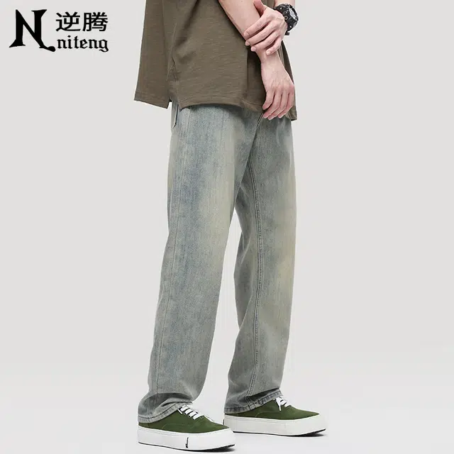 逆腾 潮牌直筒垂感阔腿牛仔裤 男款 复古蓝