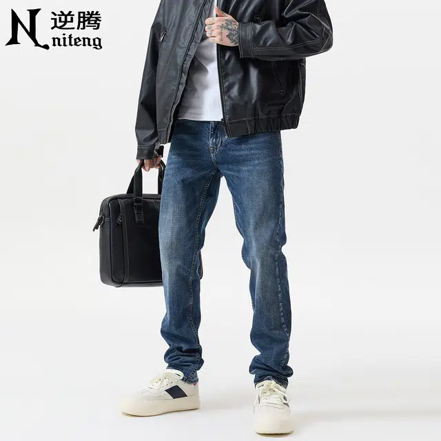 逆腾 逆腾裤男美式高街直筒裤子男士百搭水洗复古修身小脚牛仔裤 男款