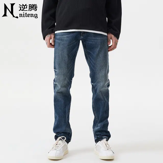 逆腾 秋季复古长裤男美式莱卡修身裤子男士直筒商务通勤小脚牛仔裤 男款