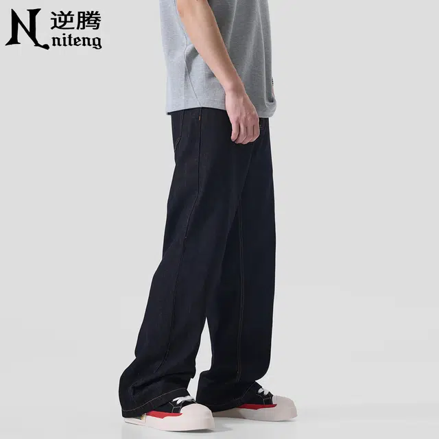 逆腾 潮牌原色垂感直筒拖地牛仔裤 男款 黑色
