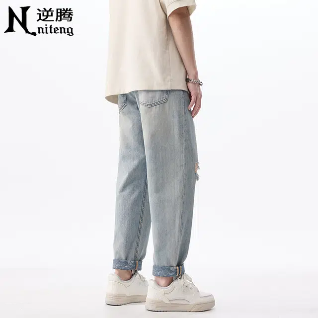 逆腾 潮牌百搭时尚直筒牛仔裤 男款 浅蓝色