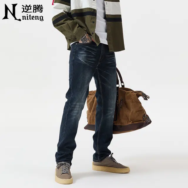 逆腾 逆腾水洗裤子男潮牌美式修身直筒裤男士潮流猫须高街百搭复古小脚牛仔裤 男款
