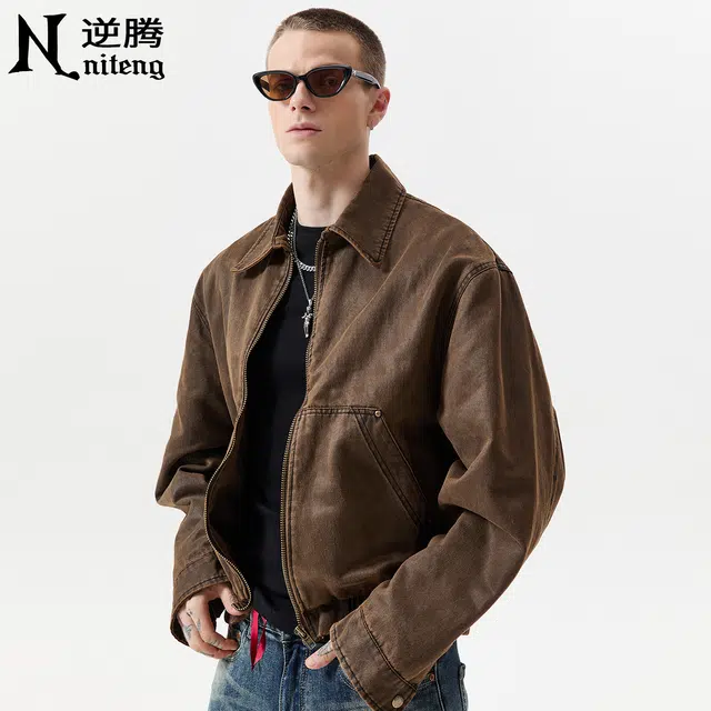 逆腾 秋季巴安油蜡皮工装外套男美式复古宽松短款男士休闲翻领夹克 男女同款