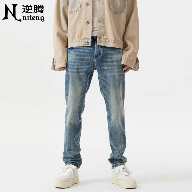 逆腾 秋季弹力裤子男复古修身男士重工猫须水洗刮烂直筒小脚牛仔裤 男款