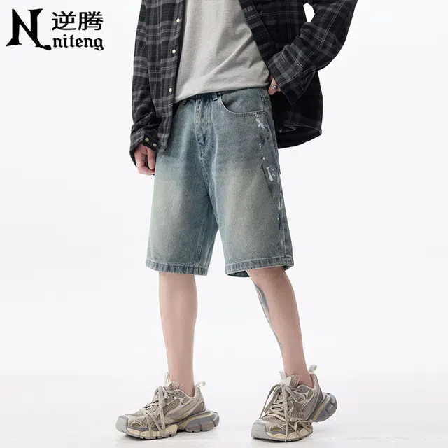 逆腾 潮牌泼墨宽松水洗休闲牛仔短裤 男款