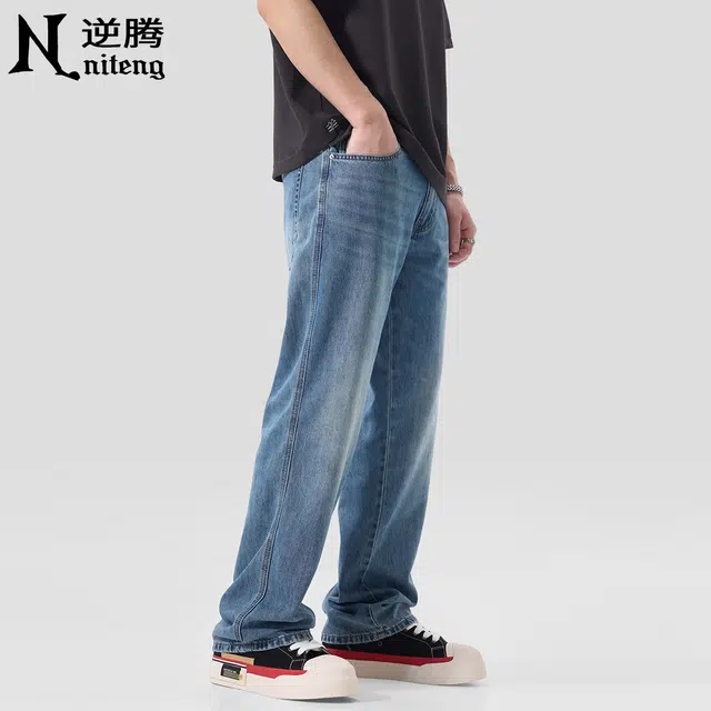 逆腾 潮牌垂感直筒牛仔裤 男款 蓝色
