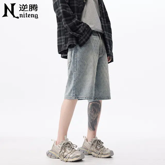 逆腾 潮牌复古时尚百搭宽松休闲牛仔短裤 男款