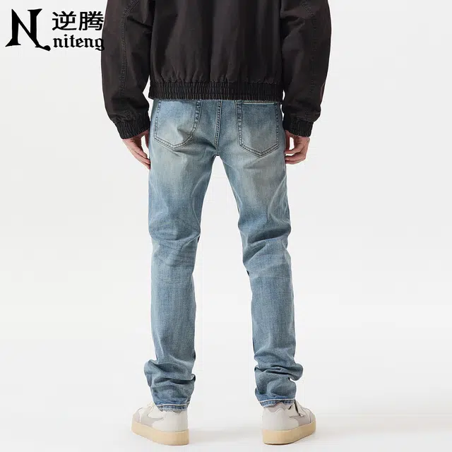 逆腾 逆腾裤男美式修身直筒裤子男士潮牌高街复古水洗小脚牛仔裤 男款