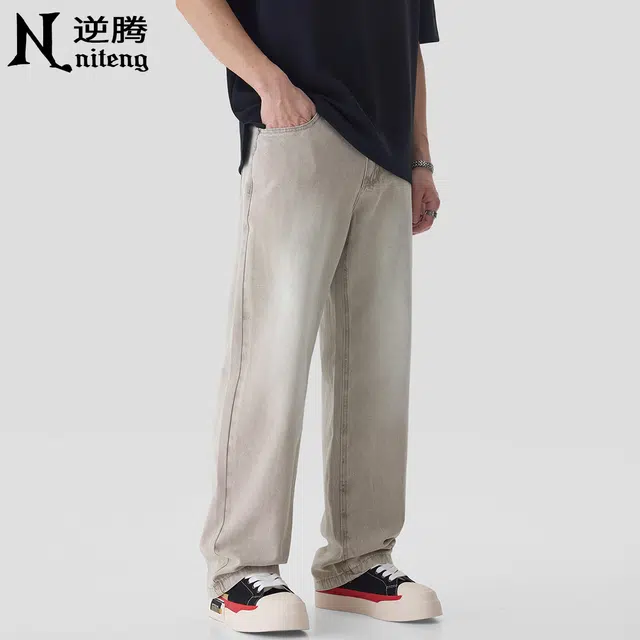 逆腾 宽松直筒舒适百搭中腰牛仔裤 男款 浅卡其色