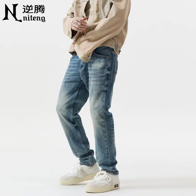 逆腾 秋季弹力裤子男复古修身男士重工猫须水洗刮烂直筒小脚牛仔裤 男款