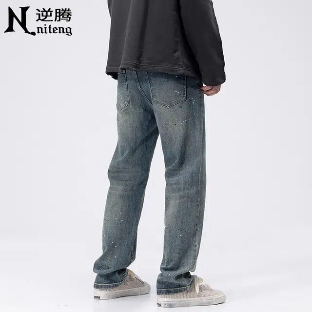 逆腾 潮牌印花直筒舒适时尚长裤牛仔裤 男款 复古蓝