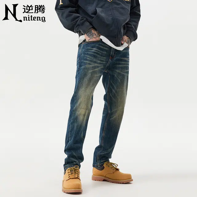 逆腾 秋季染长裤男美式修身直筒男裤复古重工水洗小脚牛仔裤 男款