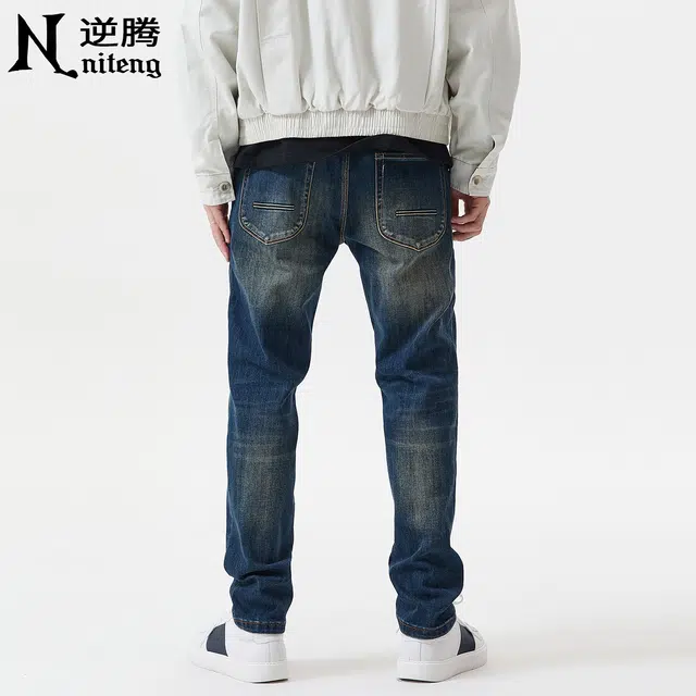 逆腾 秋季水洗做旧长裤男猫须修身小脚裤子男士重工弹力直筒牛仔裤 男款