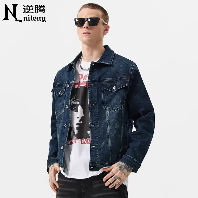 逆腾 秋季水洗夹克男美式潮牌宽松翻领男士弹力复古休闲牛仔外套 男女同款