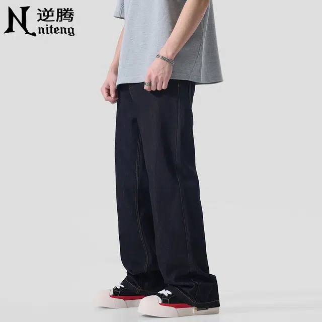 逆腾 潮牌原色垂感直筒拖地牛仔裤 男款 黑色