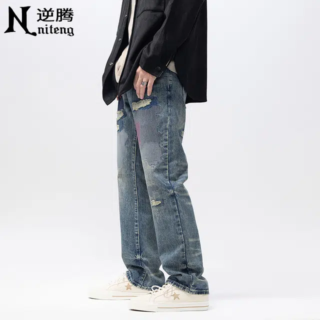 逆腾 潮牌破洞口袋高街风直筒宽松中腰补丁直筒复古牛仔裤 男款 蓝色