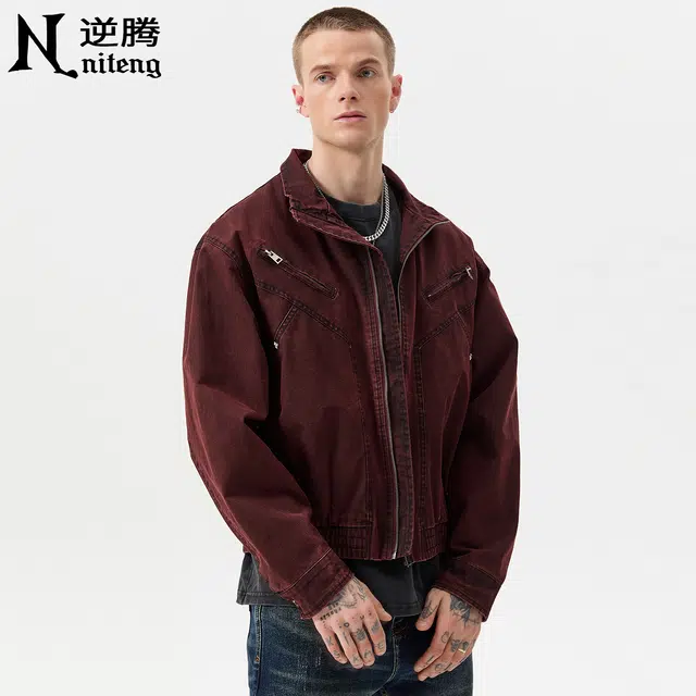 逆腾 秋季美式复古夹克男潮牌宽松水洗男士重磅短款工装牛仔外套 男款