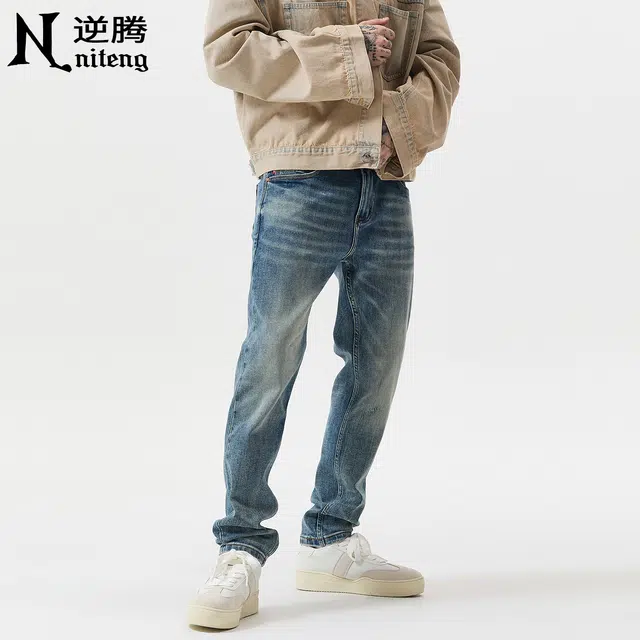 逆腾 秋季弹力裤子男复古修身男士重工猫须水洗刮烂直筒小脚牛仔裤 男款