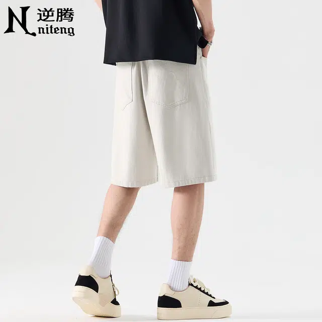 逆腾 夏季米白色中裤男潮牌美式四面弹宽松五分裤男士百搭直筒牛仔短裤 男女同款