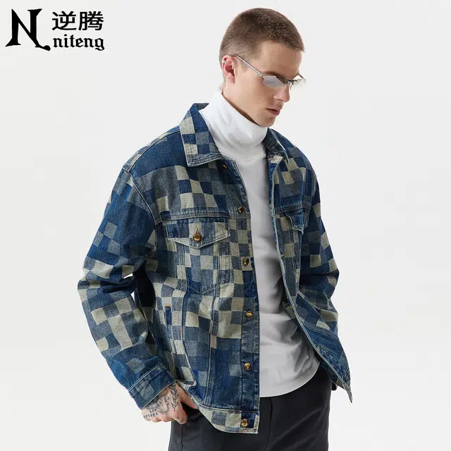 逆腾 秋季复古棋盘格工装夹克男潮牌宽松休闲男士纯棉痞帅牛仔外套 男女同款