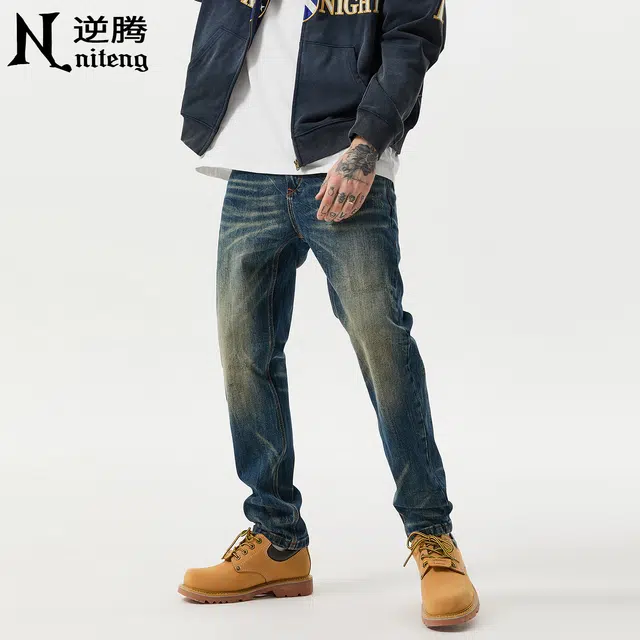 逆腾 秋季染长裤男美式修身直筒男裤复古重工水洗小脚牛仔裤 男款