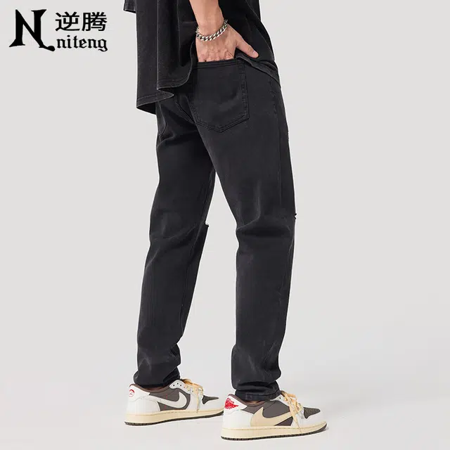 逆腾 美式一字破洞修身潮牌高街水洗直筒牛仔裤 男款