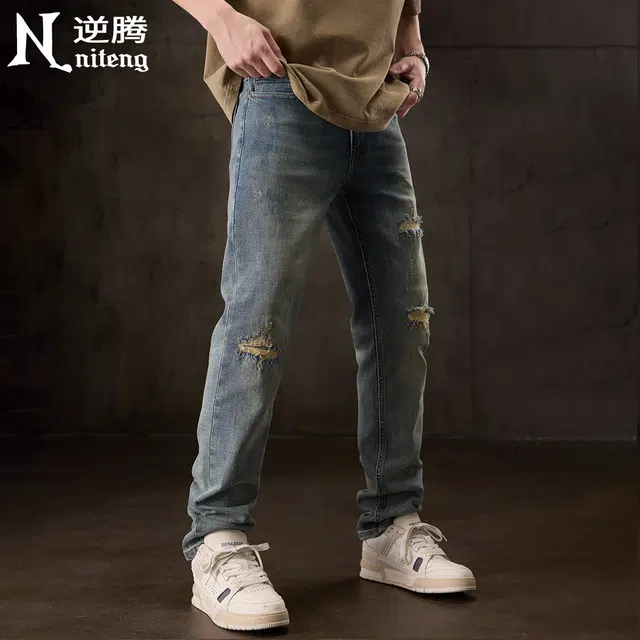 逆腾 时尚潮流舒适美式高街直筒裤复古水洗修身长裤个性牛仔裤 男款