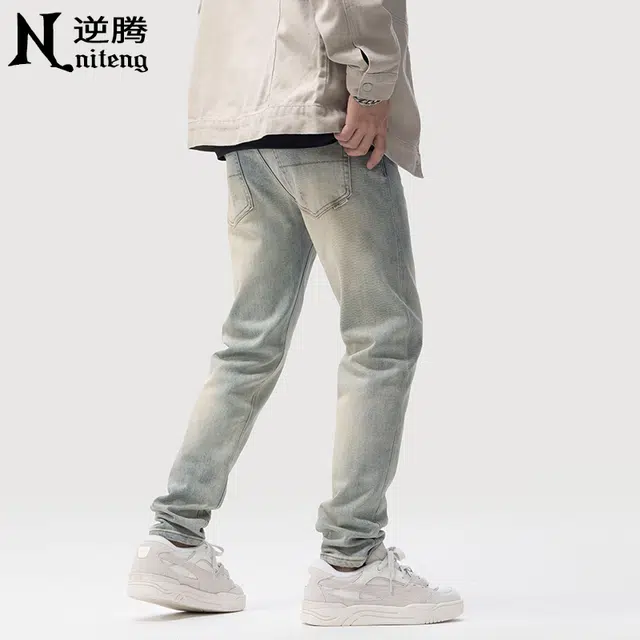 逆腾 潮牌复古修身直筒小脚牛仔裤 男款