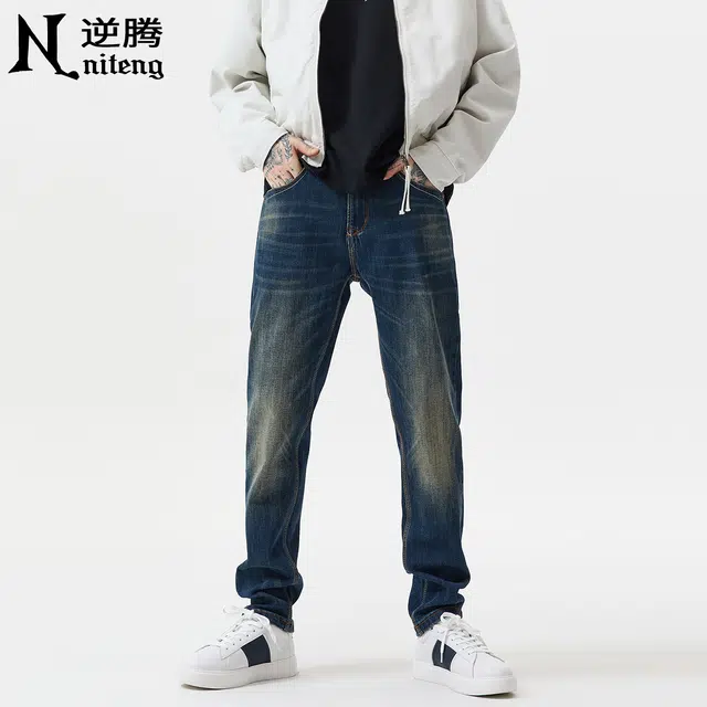 逆腾 秋季水洗做旧长裤男猫须修身小脚裤子男士重工弹力直筒牛仔裤 男款