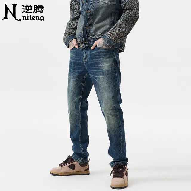 逆腾 秋季弹力长裤男潮牌耐磨修身直筒男裤美式刮烂小脚牛仔裤 男款