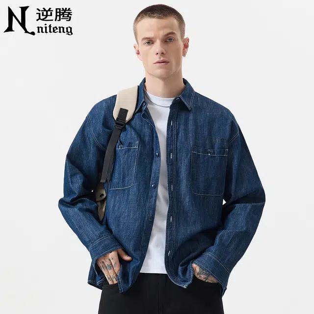 逆腾 秋季汉麻抗菌衬衣外套男潮牌美式宽松休闲男士高级感原色牛仔衬衫 男女同款