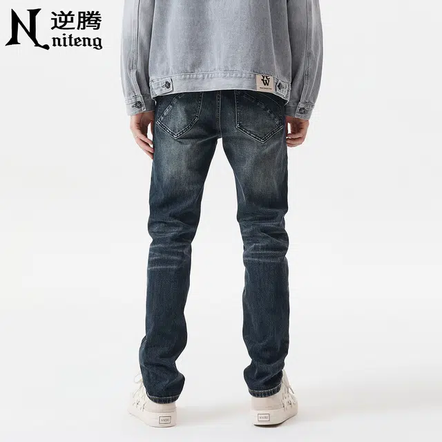 逆腾 逆腾复古裤男美式弹力修身直筒裤子男士潮牌水洗猫须百搭直筒牛仔裤 男款
