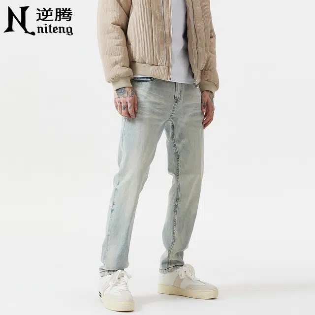 逆腾 秋季弹力浅色长裤男直筒复古重工水洗男裤耐磨修身小脚牛仔裤 男女同款